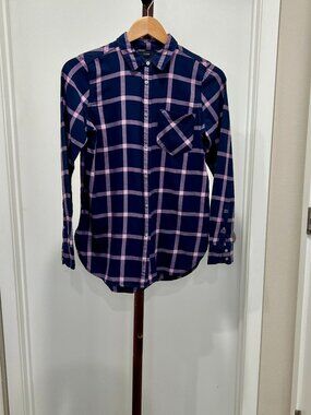 J.Crew - Long Sleeve Lightweight Windowpane Flannel Button Up Shirt Sz. 0 - Navy